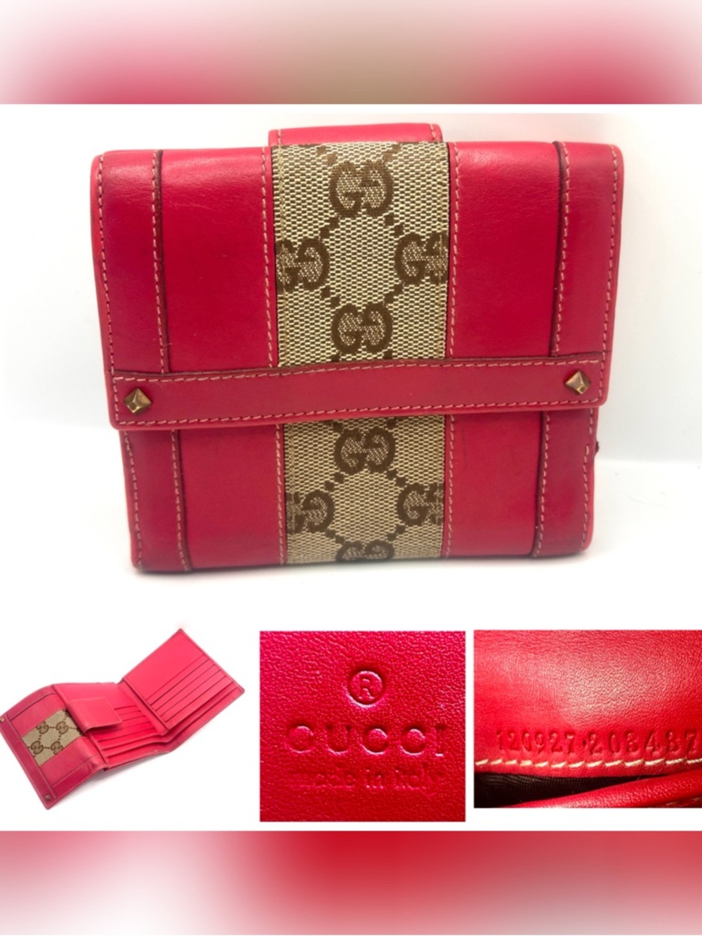 Gucci Red Leather and GG canvas tri fold wallet authentic very good condition